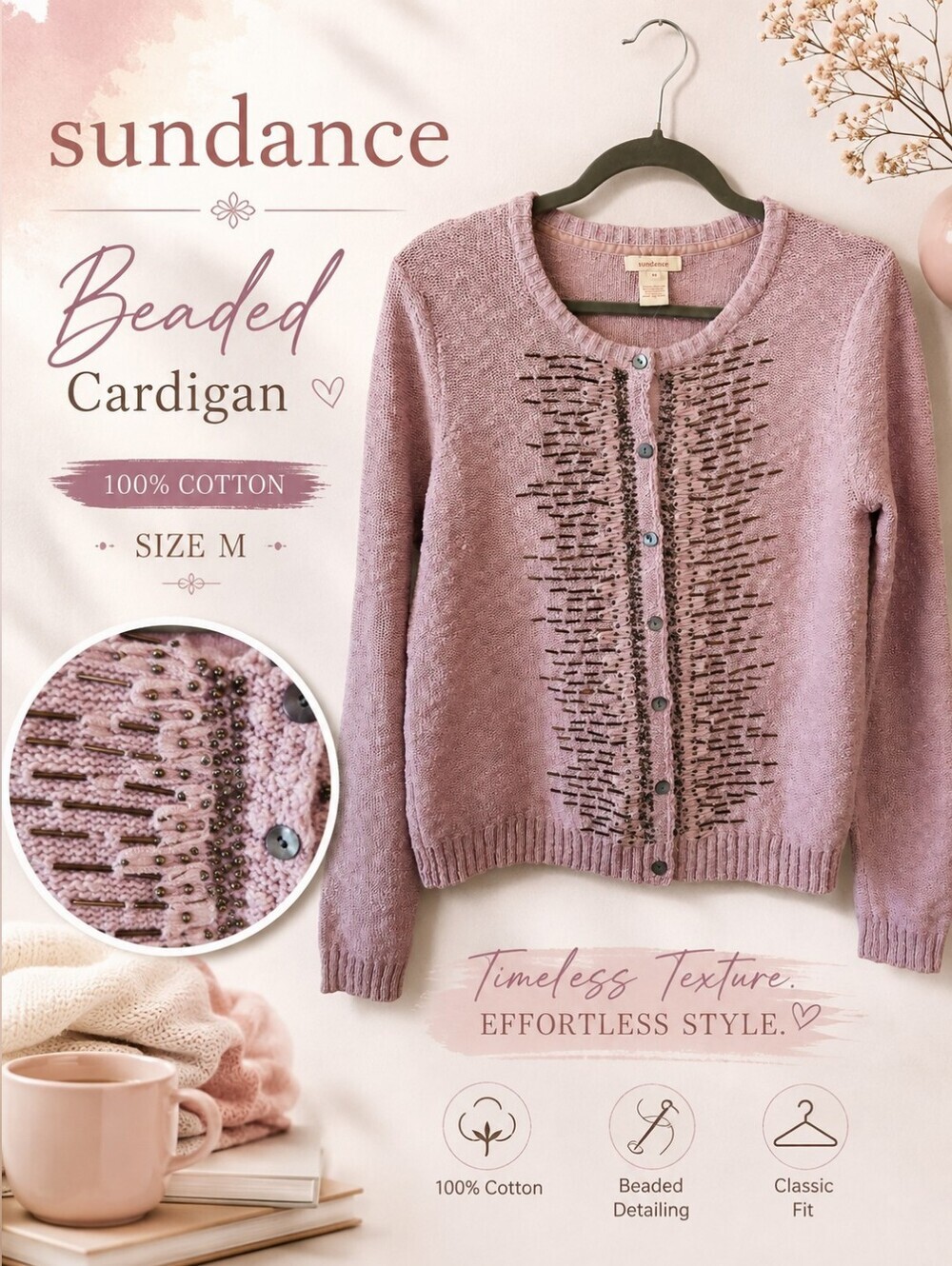 Sundance Pink Cotton Beaded Cardigan Sweater Women's M